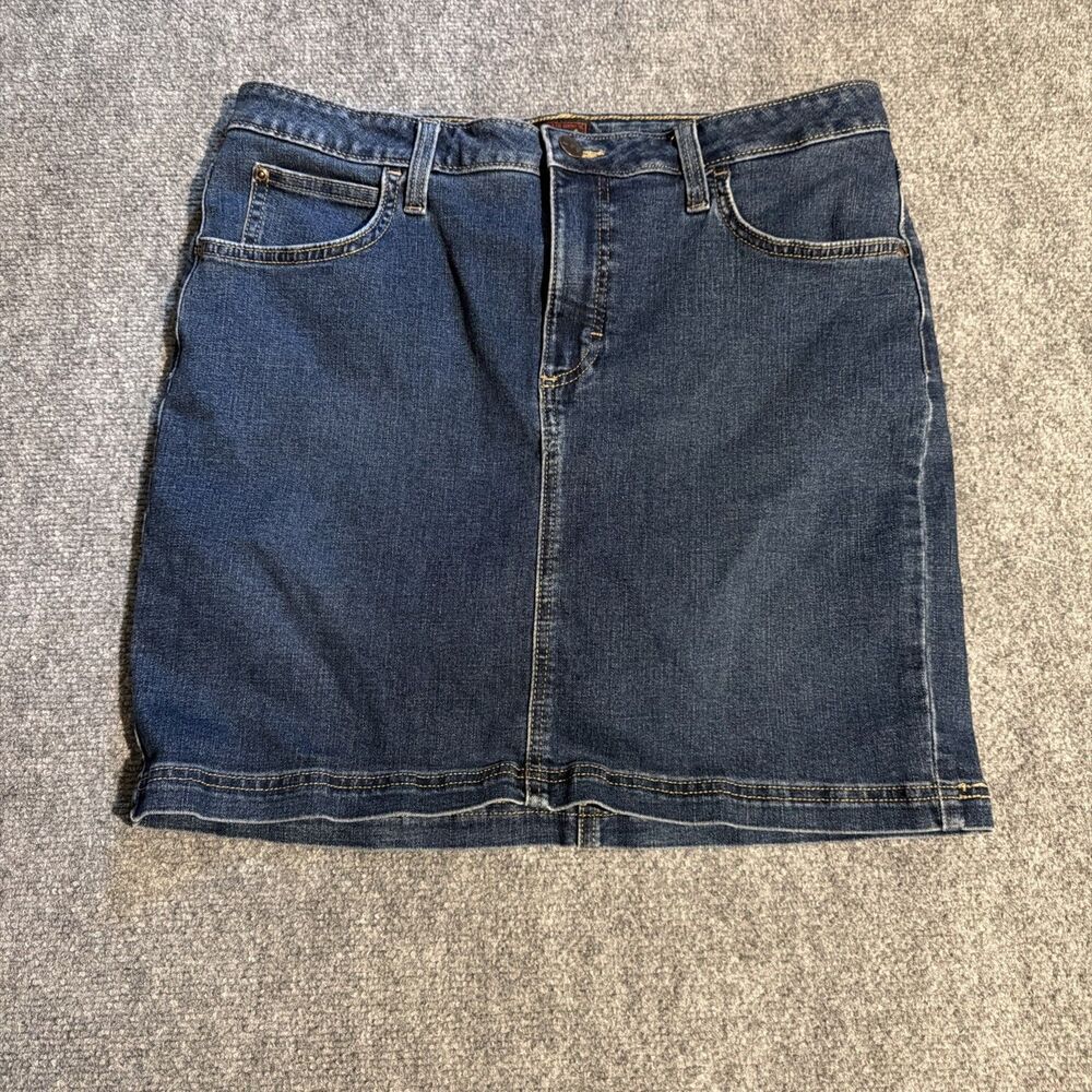 Lee Jeans Denim Skirt Skort Mid Rise Built in Shorts Womens 12 Blue Dark Stretch